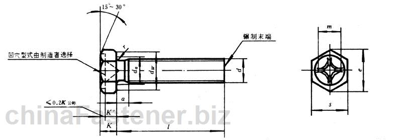 十字槽凹穴六角头螺栓|GB29.2-88[标准 技术参数]
