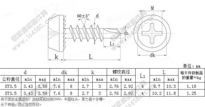 十字槽小蜜蜂钻尾自攻钉-YJT/YX1002-2014尺寸规格